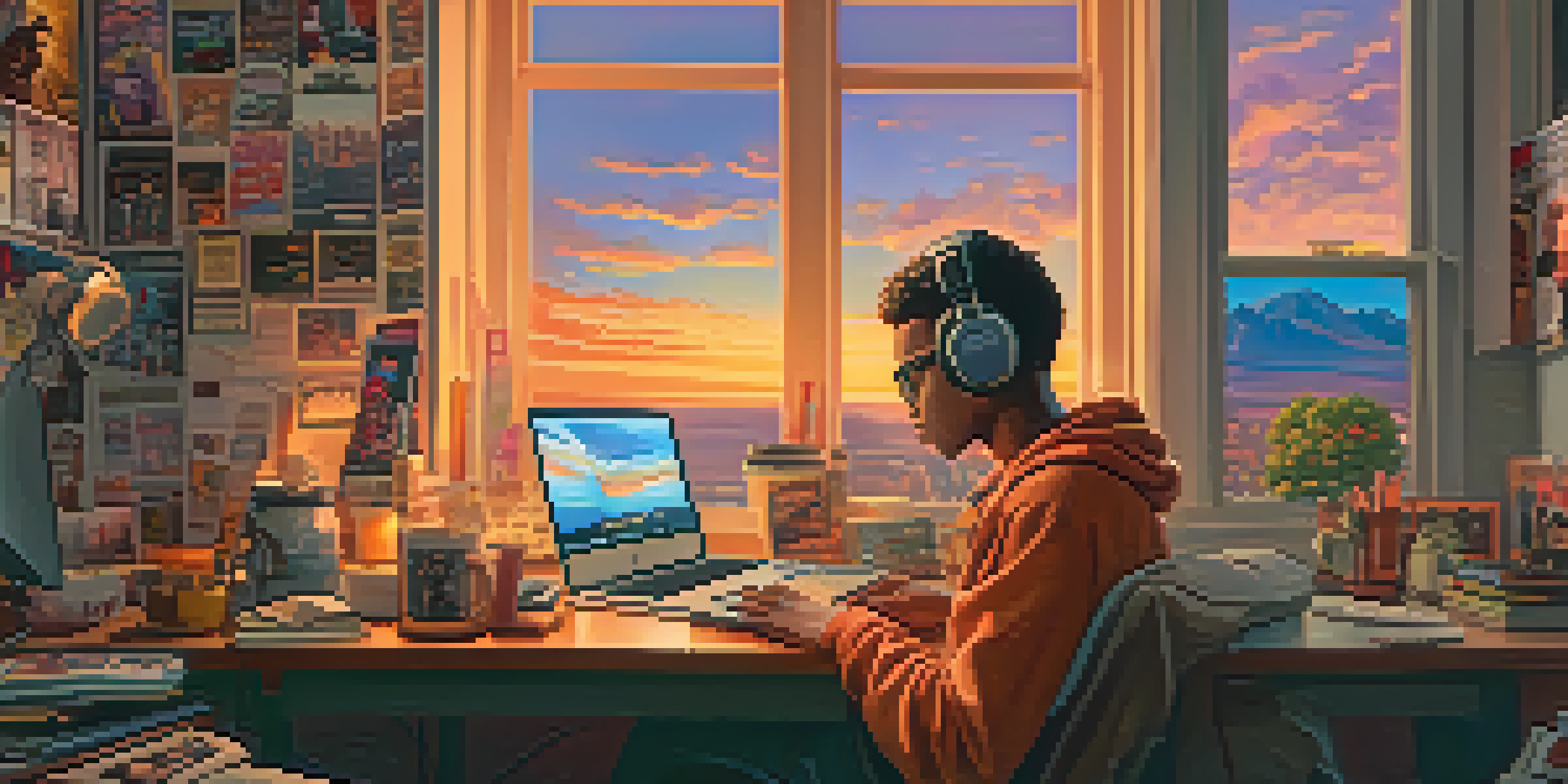 A young filmmaker working at a desk with movie posters and music software, illuminated by warm golden lighting and a sunset outside the window.