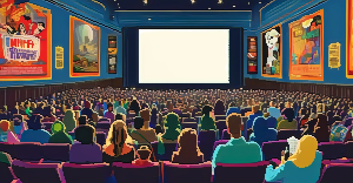 A lively theater scene during a midnight film screening, with fans in costumes and a large screen showing a movie.