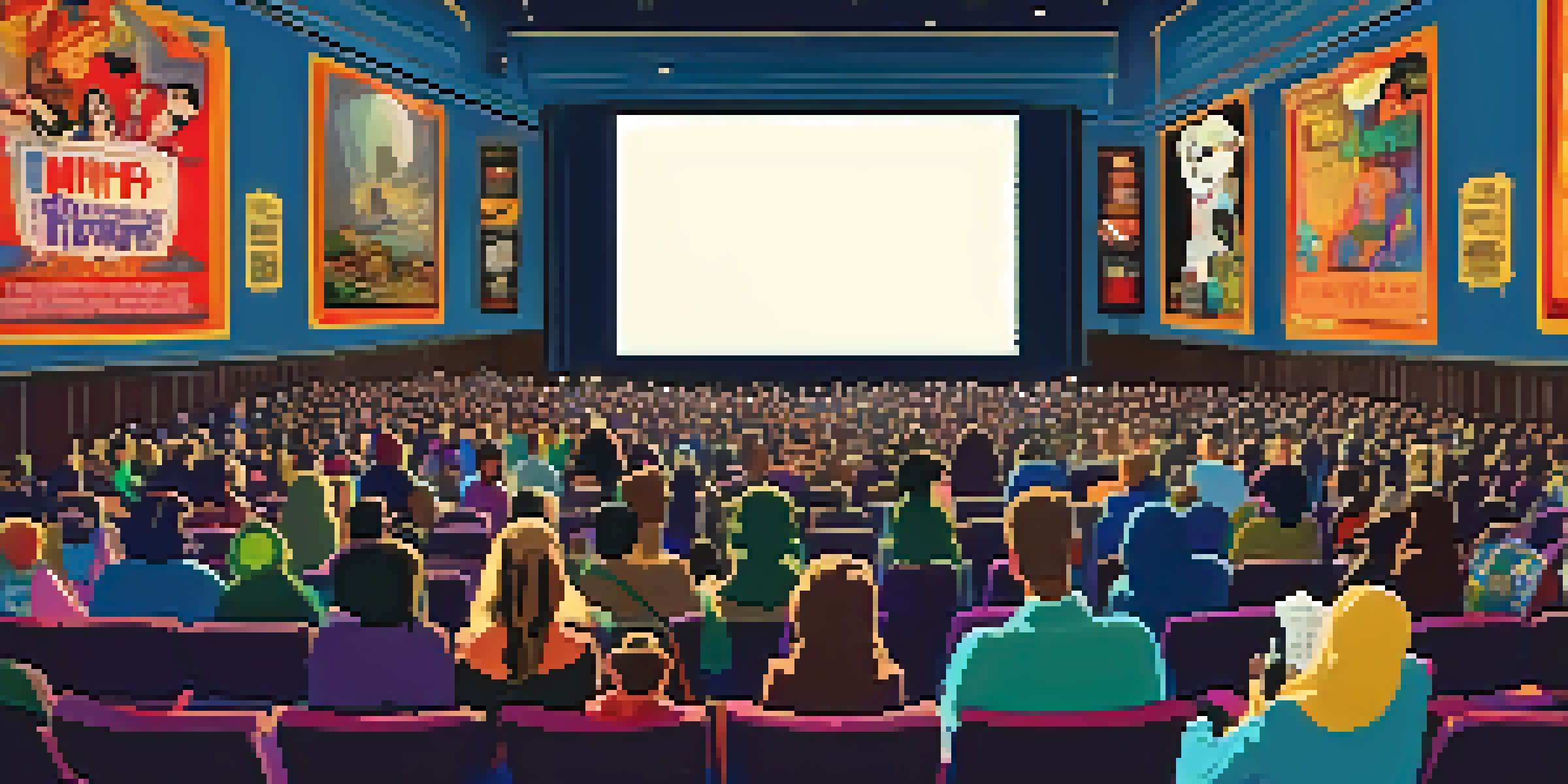 A lively theater scene during a midnight film screening, with fans in costumes and a large screen showing a movie.