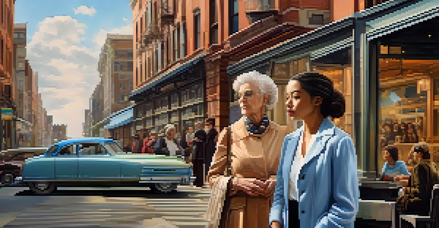 A split image showing a young woman in a modern city and her grandmother in a vintage setting, symbolizing intergenerational connection.