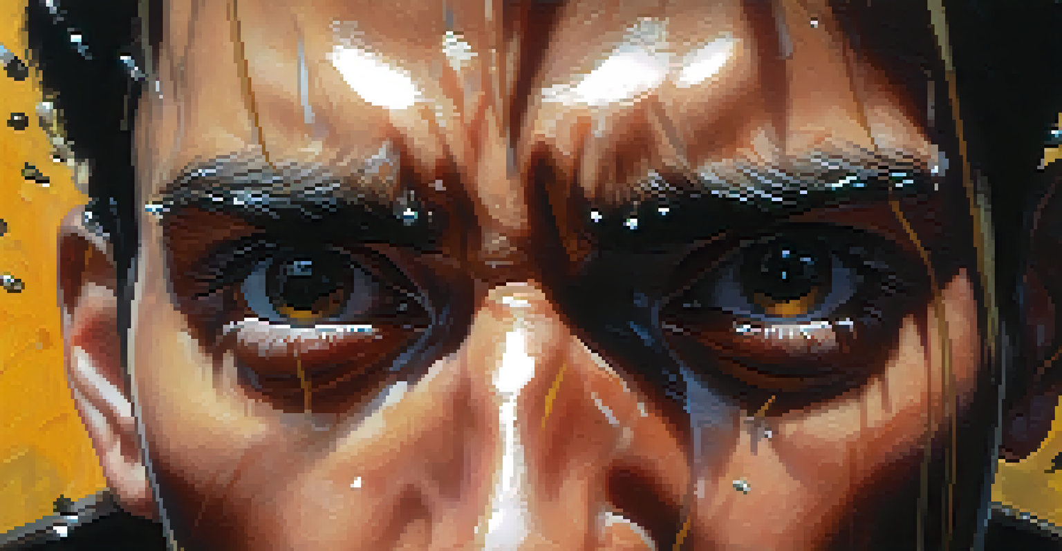 A close-up of a character's face showing fear and determination, with dramatic lighting.