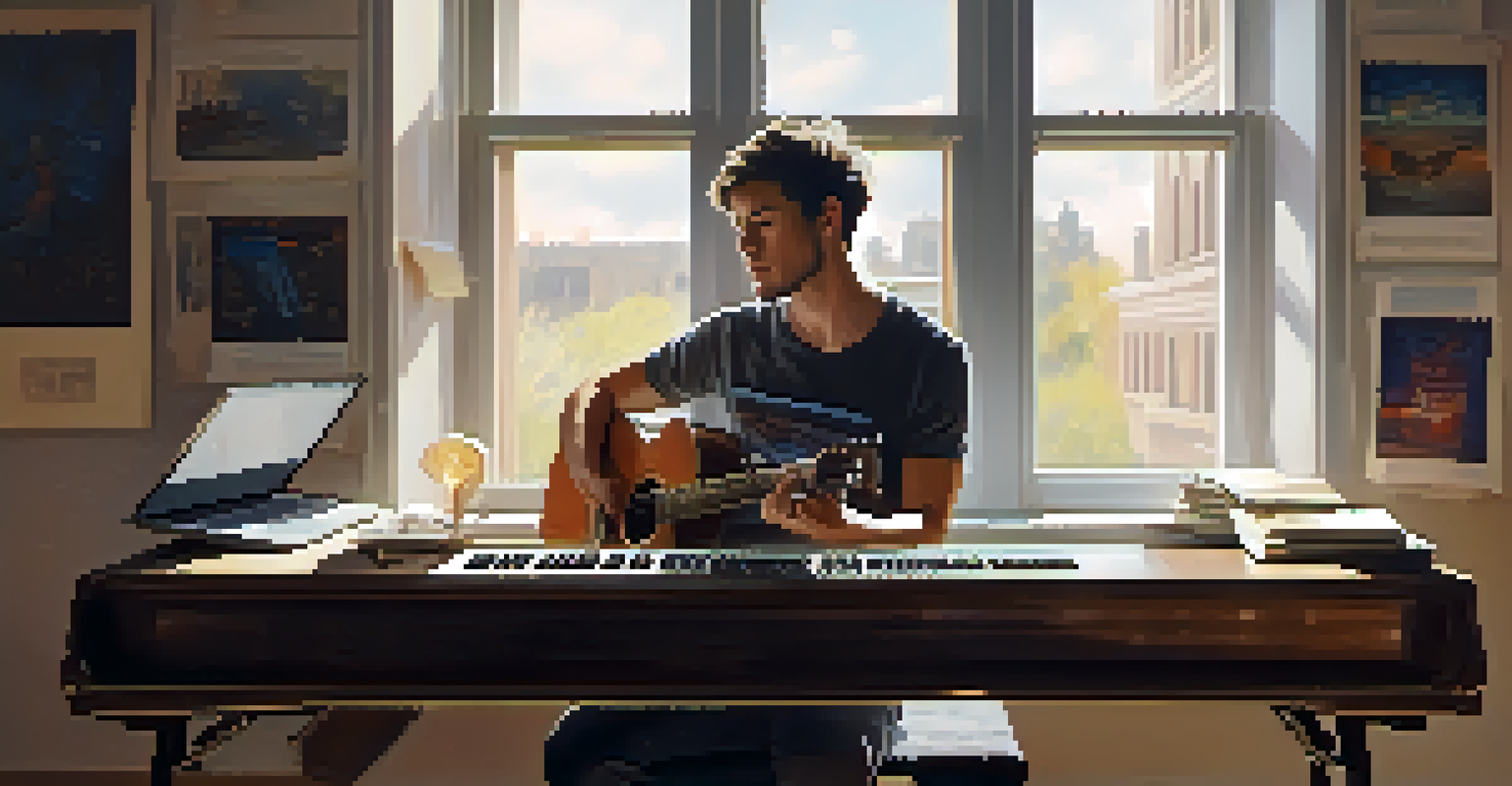 A close-up of a musician composing music in a creative workspace, with sheet music, a laptop, and a guitar, illuminated by soft natural light.