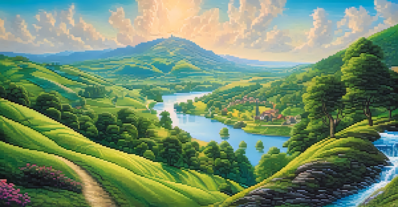 A vibrant outdoor fantasy landscape with hills, a river, and a village.