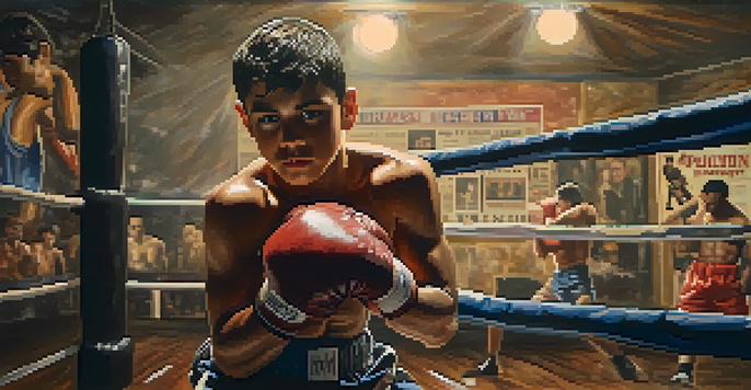 A young boxer training in a dimly lit gym, showing determination and perseverance.