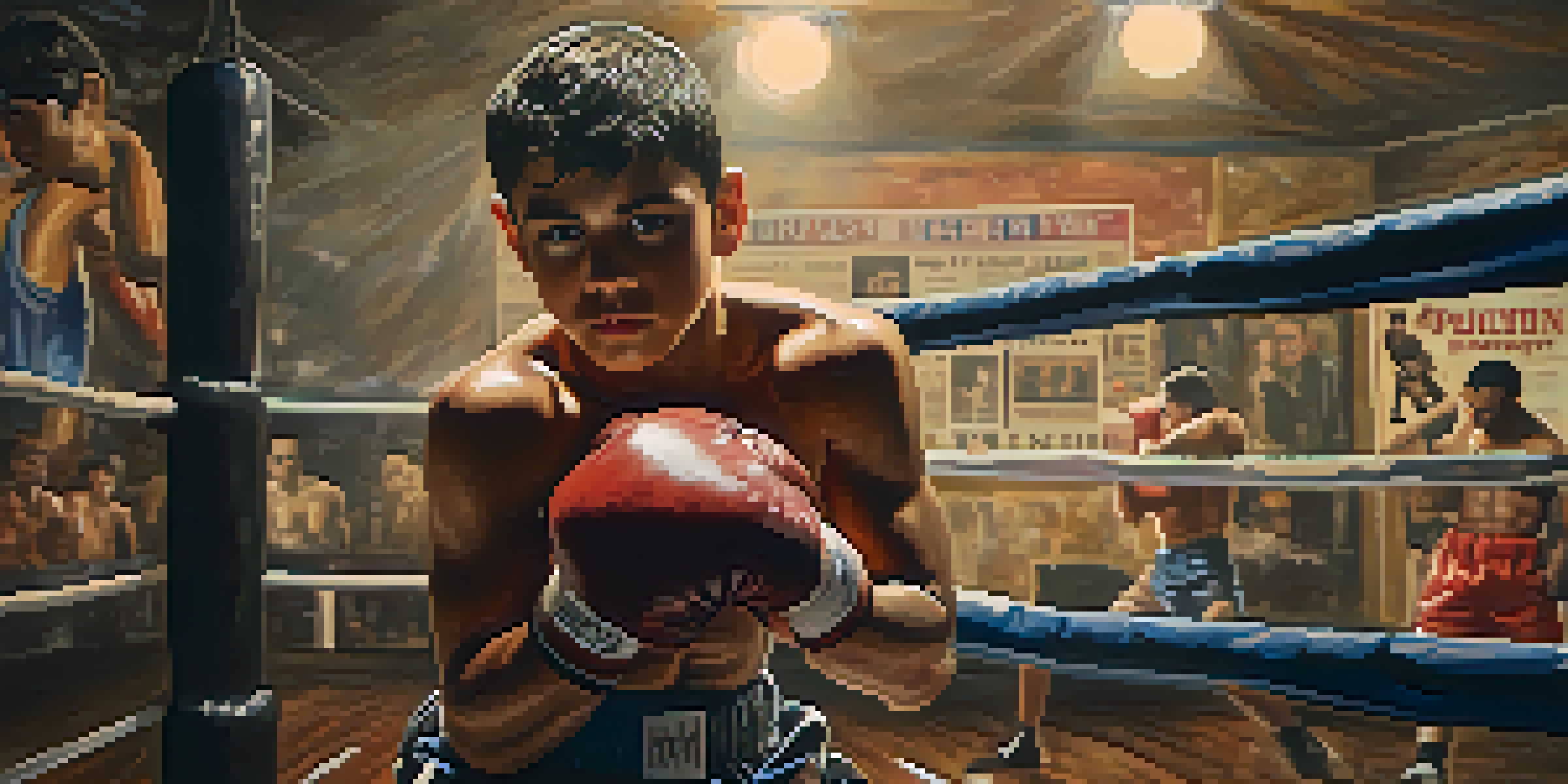 A young boxer training in a dimly lit gym, showing determination and perseverance.