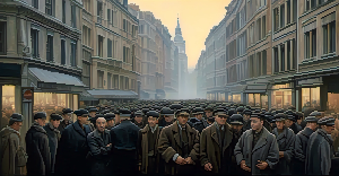 A group of Polish Jews huddled together on a city street during World War II, illuminated by a faint light, capturing their expressions of fear and resilience.