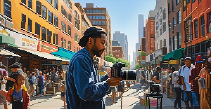 A filmmaker in an urban setting, recording diverse communities and street life with a camera, illuminated by soft sunlight.