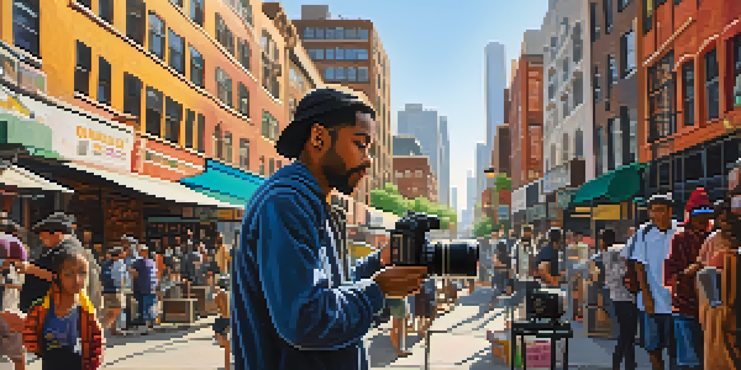 A filmmaker in an urban setting, recording diverse communities and street life with a camera, illuminated by soft sunlight.