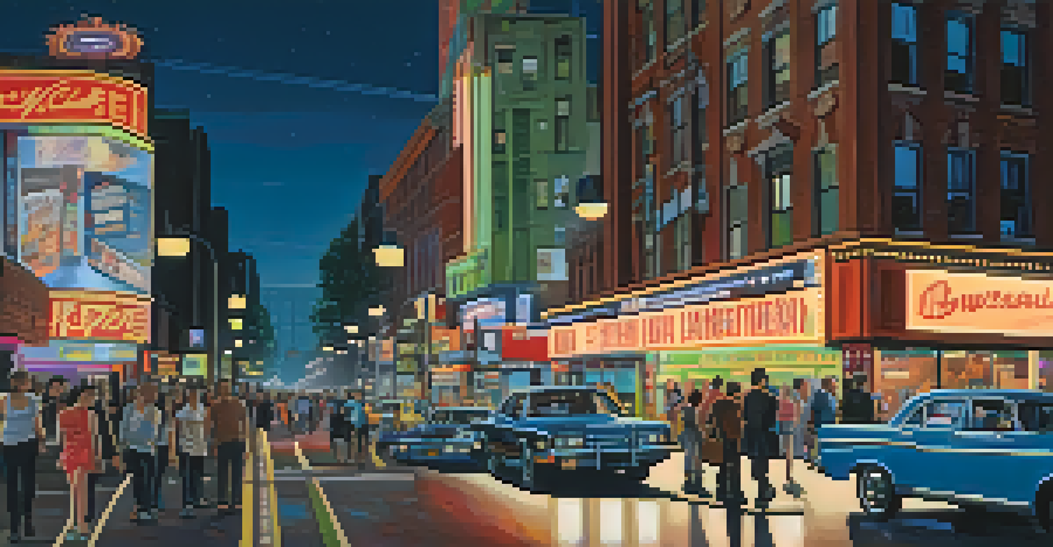 A lively city street at night with neon signs, people walking, and a cinema poster display.