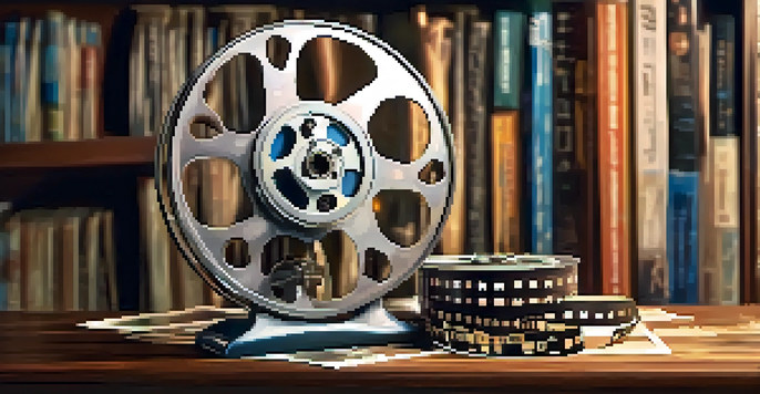 A vintage film reel and film strips on a wooden table with a blurred bookshelf in the background.