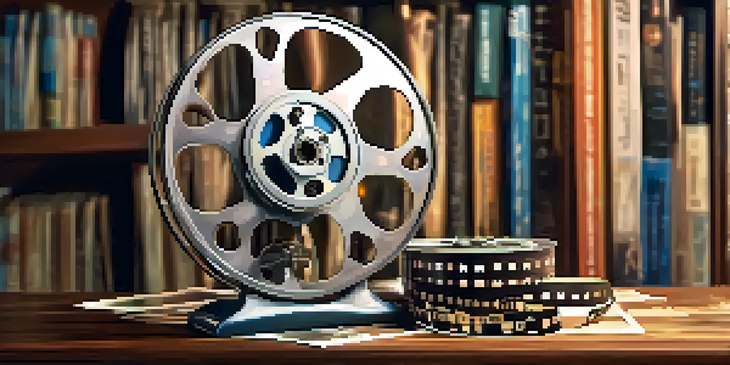 A vintage film reel and film strips on a wooden table with a blurred bookshelf in the background.