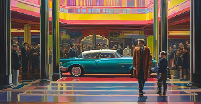 A film set with two contrasting characters: one in dark clothing against a moody background, and the other in bright clothing surrounded by warm light, illustrating emotional differences.