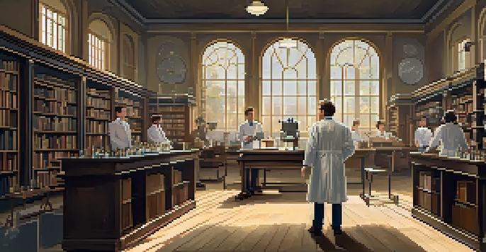 An actor in a vintage laboratory, portraying a famous scientist, engaged in an experiment with warm lighting and period-appropriate equipment.