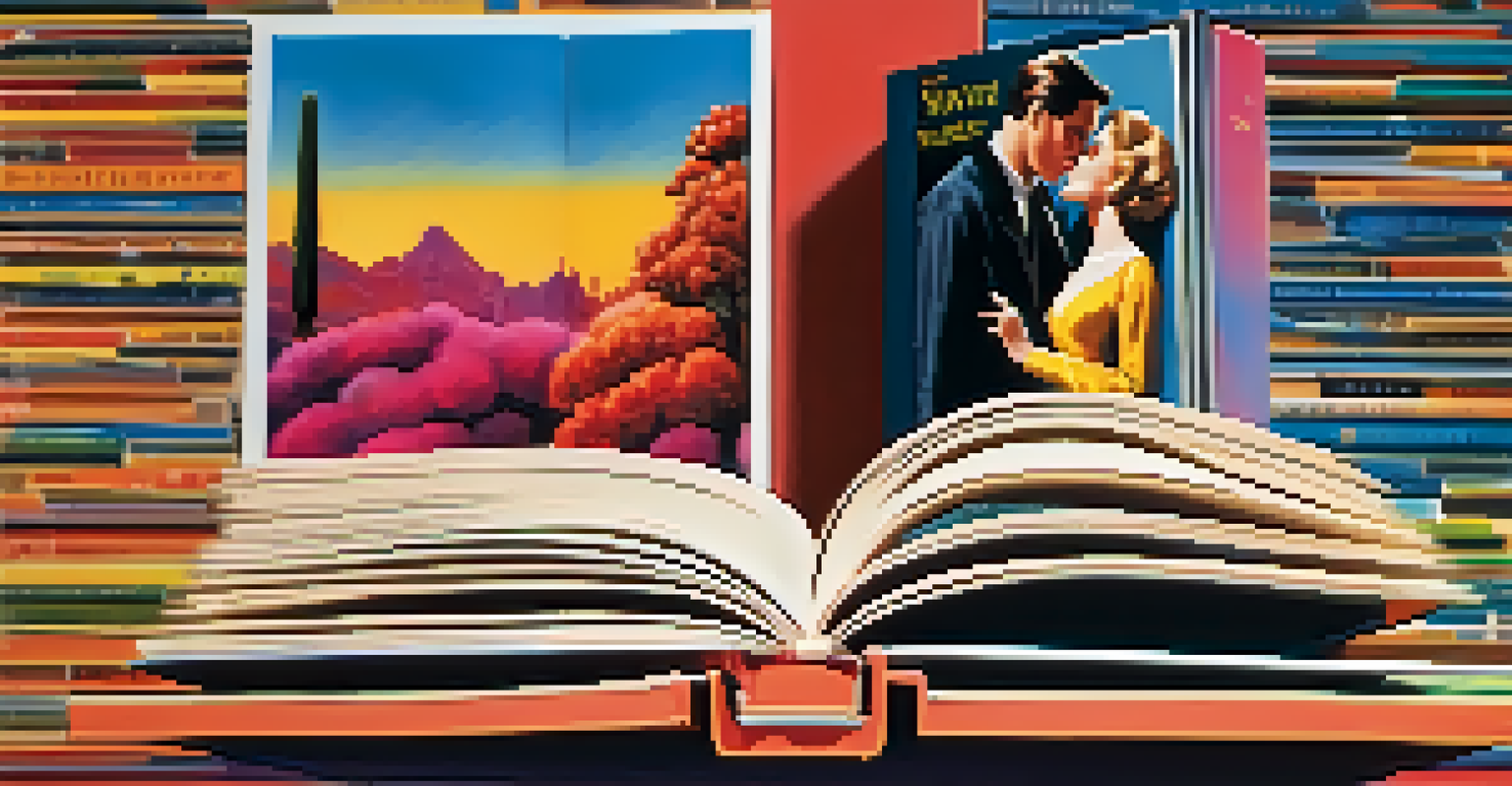 A split image of a classic book and a vibrant movie poster, illustrating the connection between literature and film adaptations.