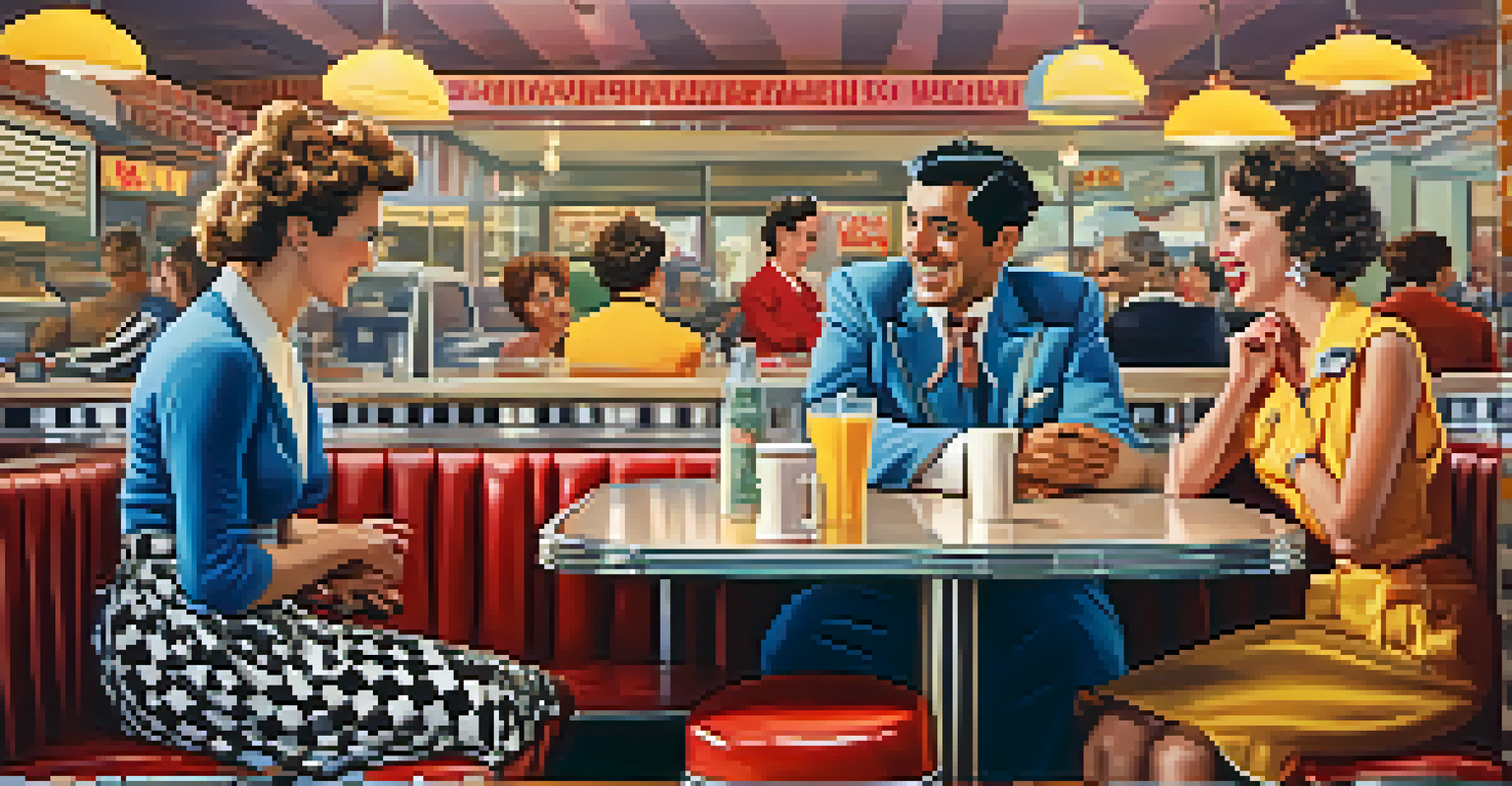 Two quirky characters in a diner having humorous dialogue, dressed in eccentric outfits, with a colorful background featuring a jukebox and checkered floors.