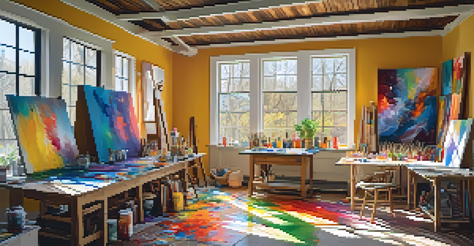An artist's studio with colorful canvases, scattered paintbrushes, and natural light streaming through a window, showcasing a creative environment.