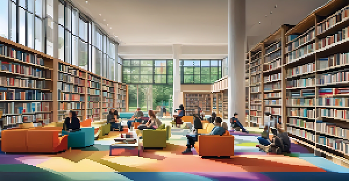 A colorful, modern library with diverse individuals reading and discussing, showcasing a blend of classic and contemporary design.
