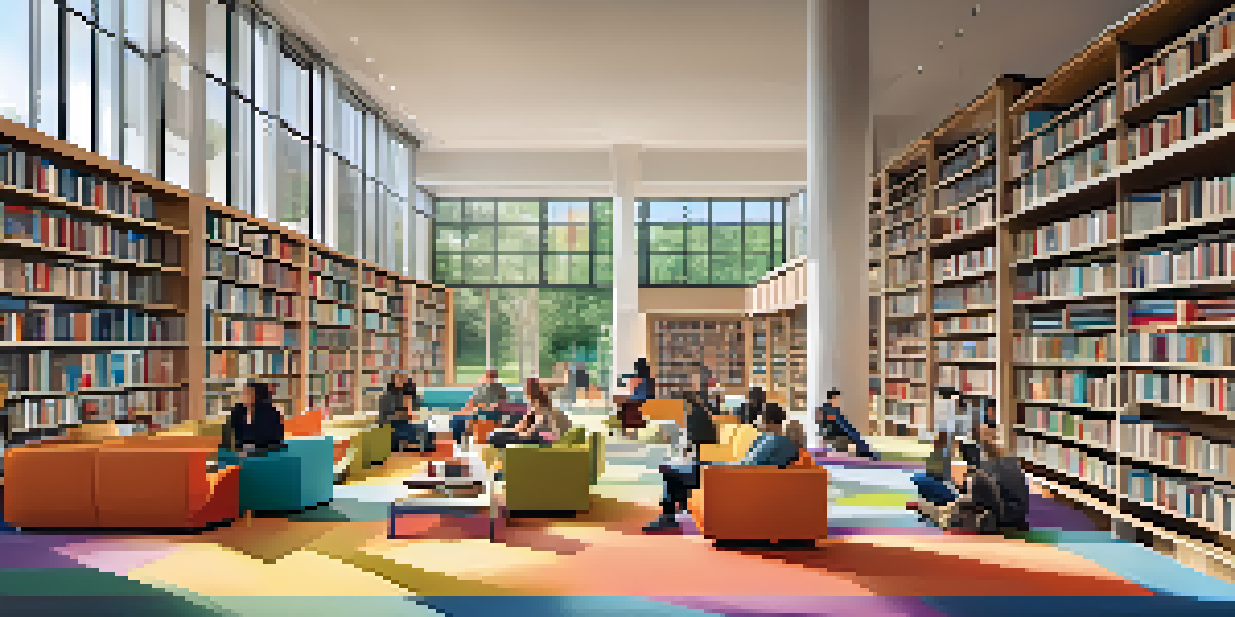 A colorful, modern library with diverse individuals reading and discussing, showcasing a blend of classic and contemporary design.