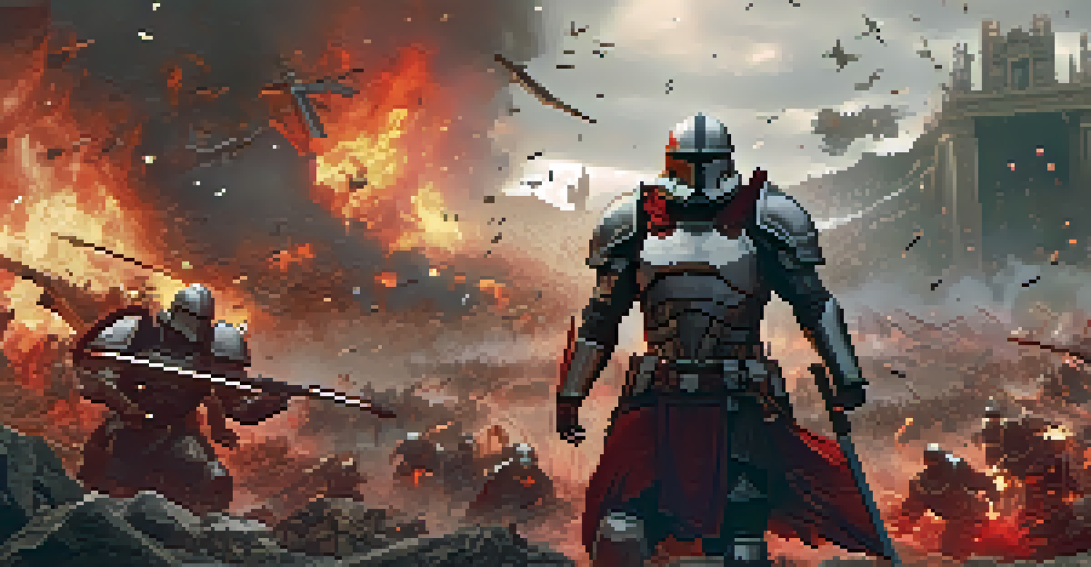 An antihero standing defiantly on a chaotic battlefield, with smoke and explosions in the background.