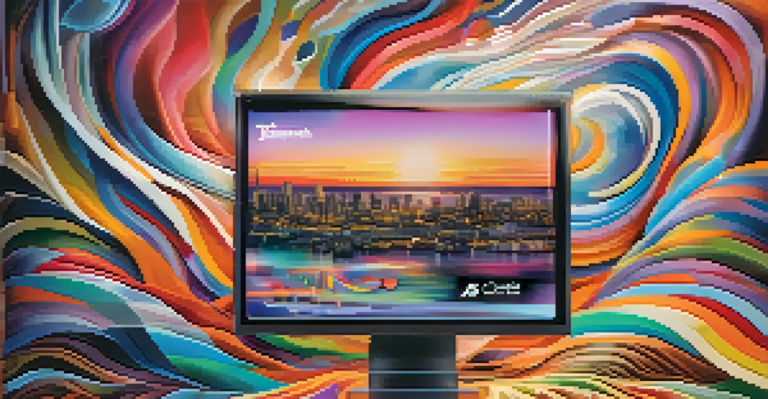 An abstract depiction of streaming platform logos coming from a digital screen, surrounded by colorful waves and patterns.