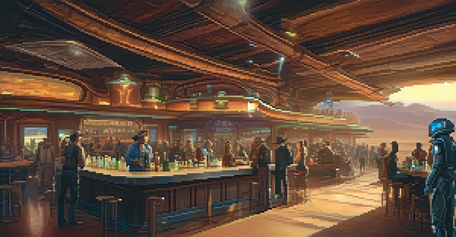 A futuristic saloon filled with space travelers and traditional cowboys in a desert setting.
