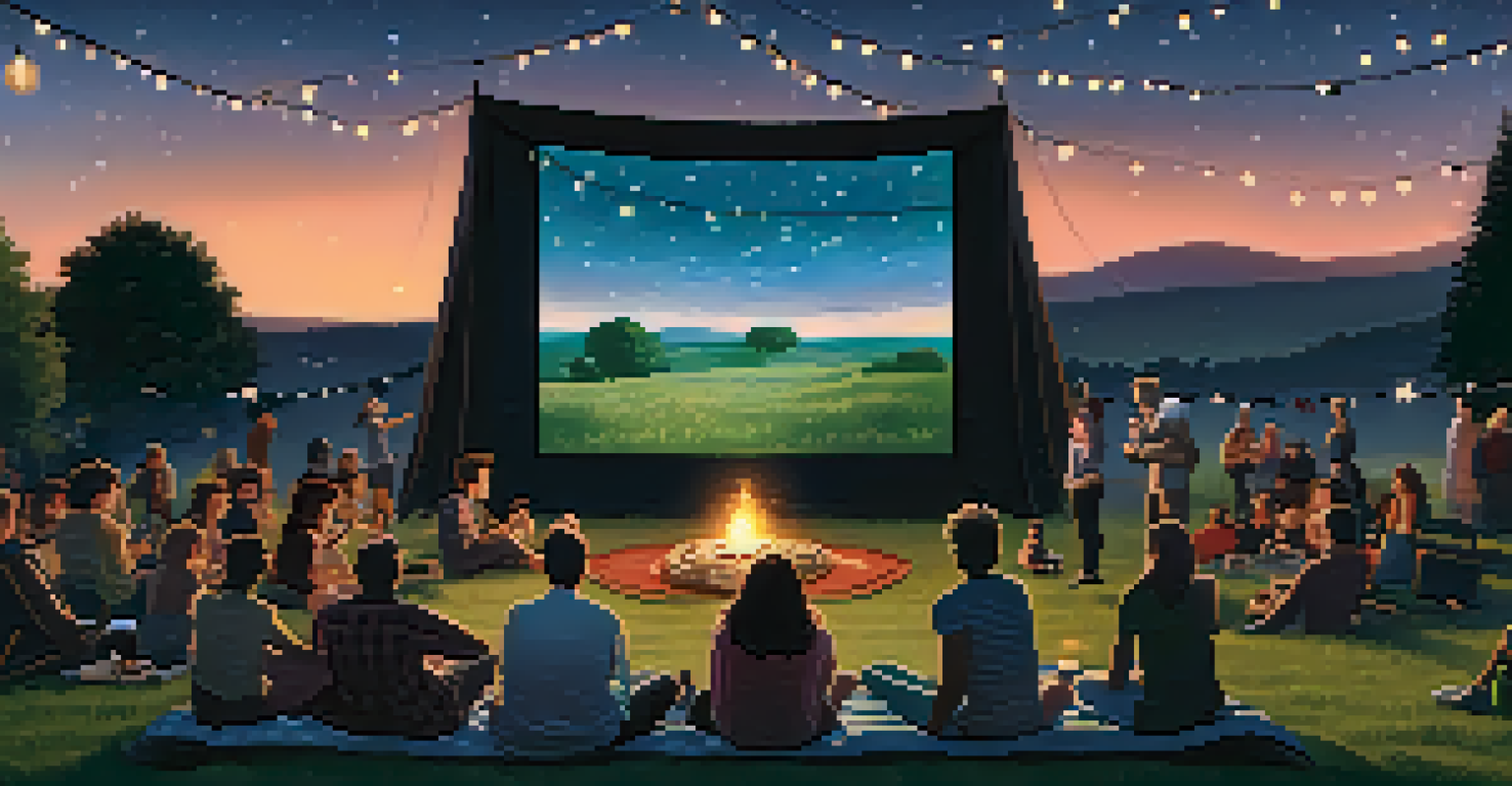 An outdoor movie screening with people sitting on blankets and a large screen showing a film under the stars.