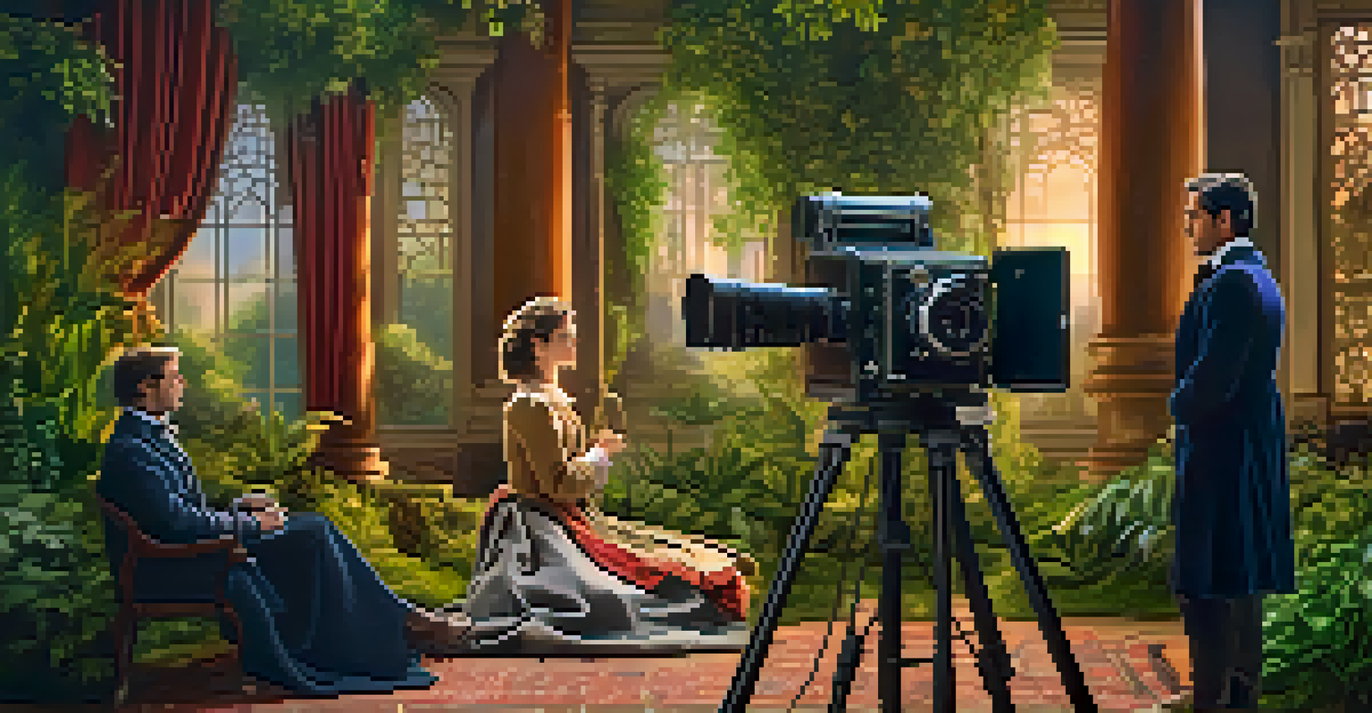 A film set with actors in period costumes, a vintage camera, and lush greenery, creating a magical storytelling atmosphere.