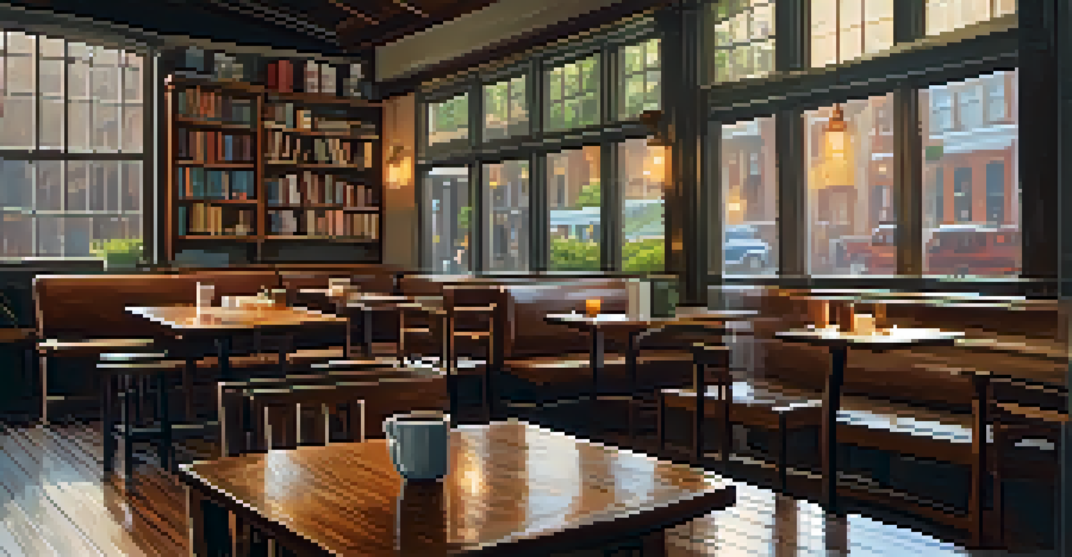A warm and inviting coffee shop with wooden tables, a steaming cup of coffee, and a view of a rainy street through the window.