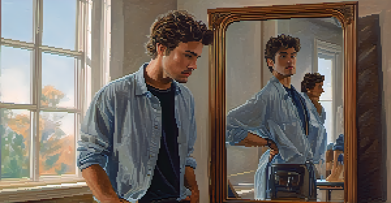 An actor practicing in front of a mirror, deeply focused on their reflection with a determined expression and props around them.