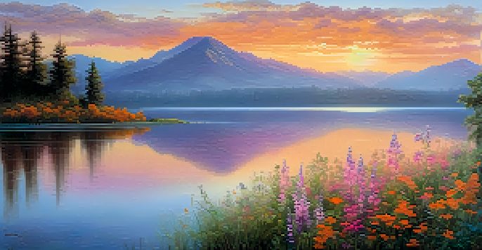 A tranquil lake at sunrise with wildflowers in the foreground and mist rising from the water, surrounded by distant mountains.