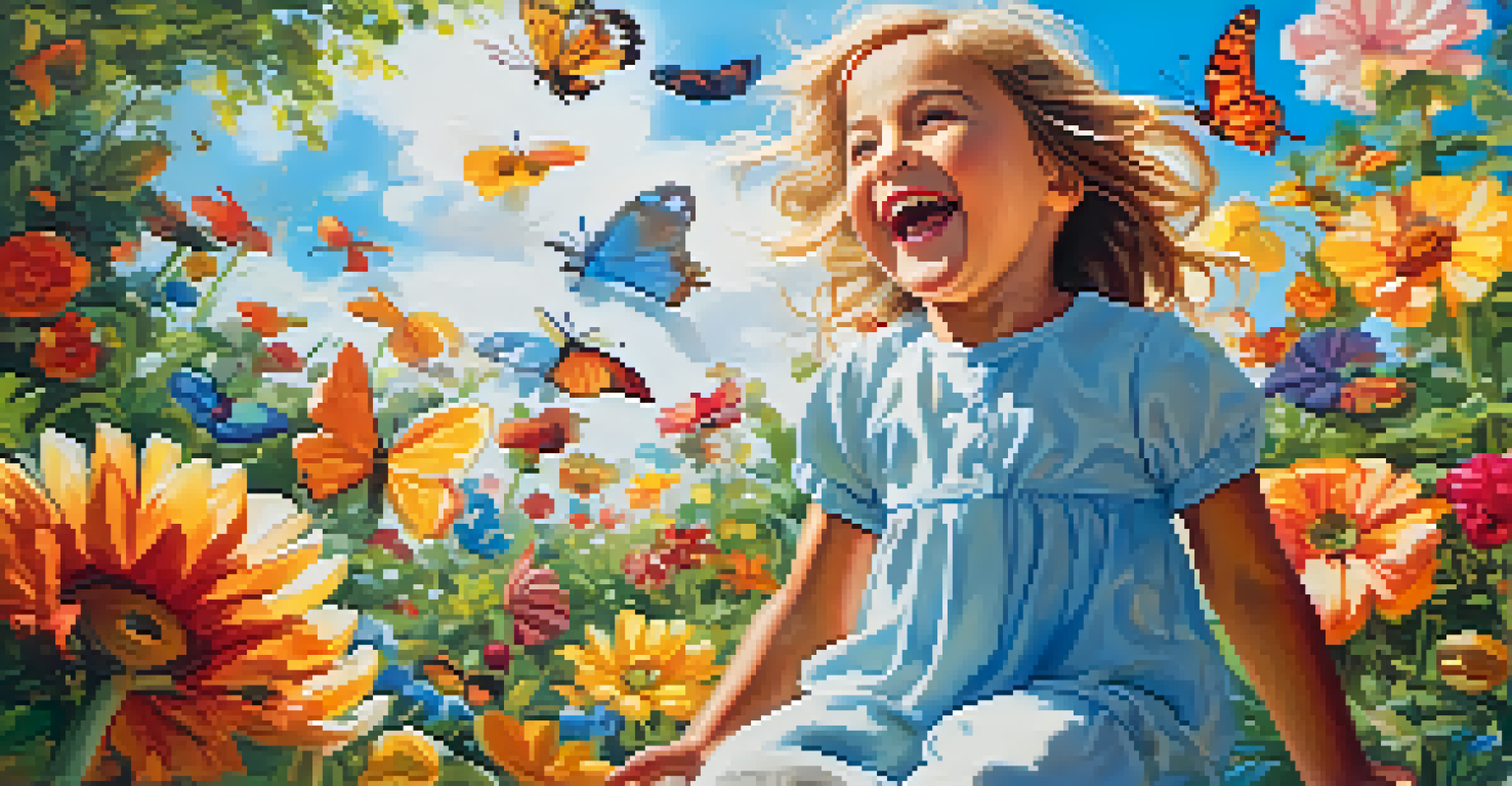 A joyful child playing in a colorful park filled with flowers and butterflies, under a bright blue sky, representing the innocence of childhood laughter.