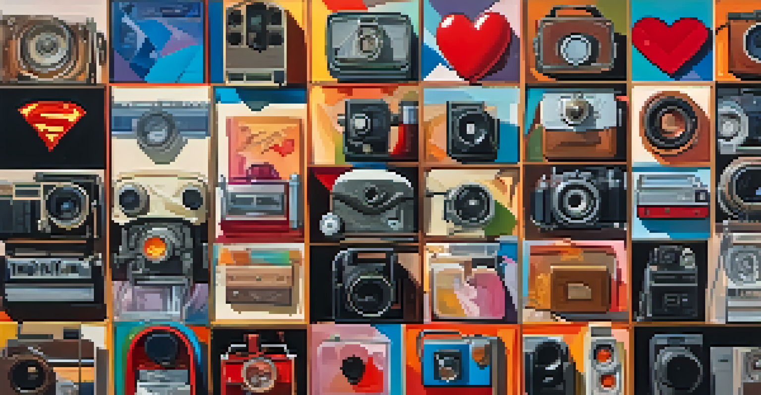 A colorful collage representing different film genres with symbols like a horror mask, a romantic heart, and a superhero emblem, showcasing cinematic diversity.