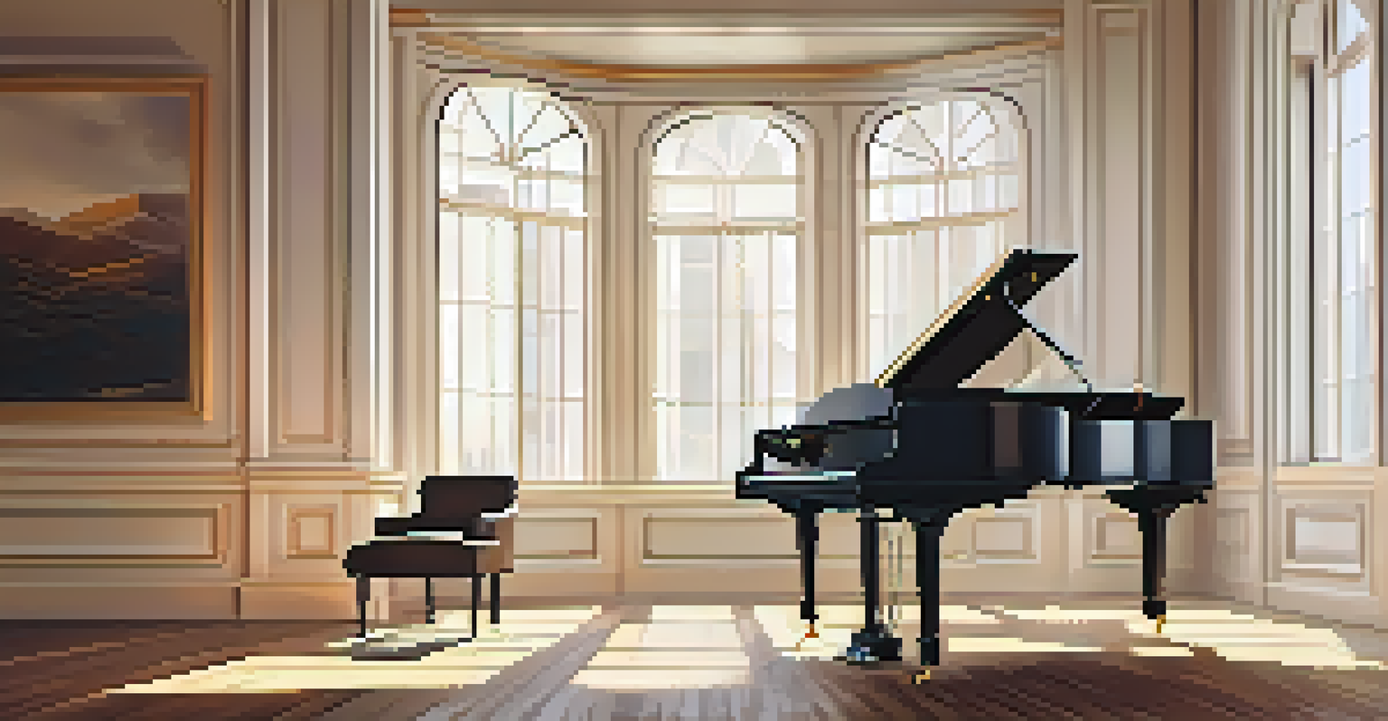 A grand piano in a softly lit room with sunlight streaming through windows and sheet music on the piano.