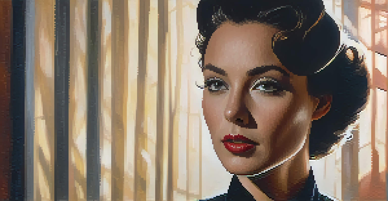 A close-up of a femme fatale with an enigmatic smile and dramatic lighting, dressed in a vintage outfit.