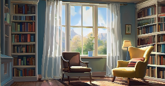 A comfortable reading corner with an armchair, bookshelves, and a cup of tea, illuminated by warm sunlight.