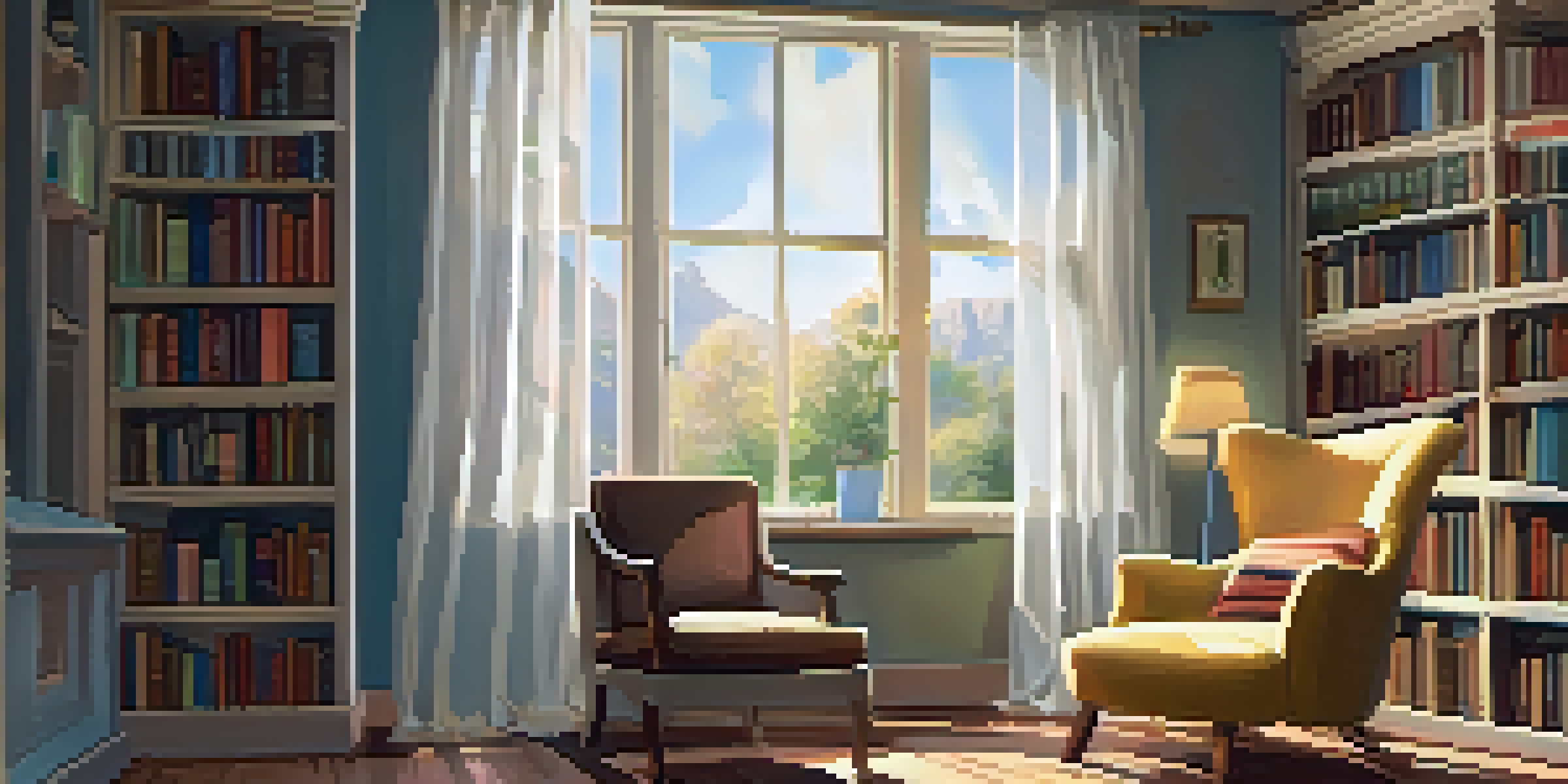 A comfortable reading corner with an armchair, bookshelves, and a cup of tea, illuminated by warm sunlight.