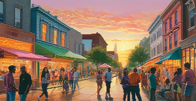 A lively city street filled with people of various backgrounds enjoying a beautiful sunset, with colorful shops and street musicians.