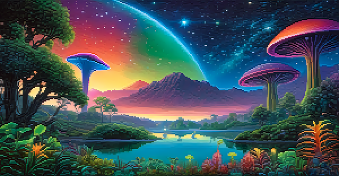 A vibrant alien landscape with bioluminescent plants and a serene lake reflecting the colors, under a starry sky.
