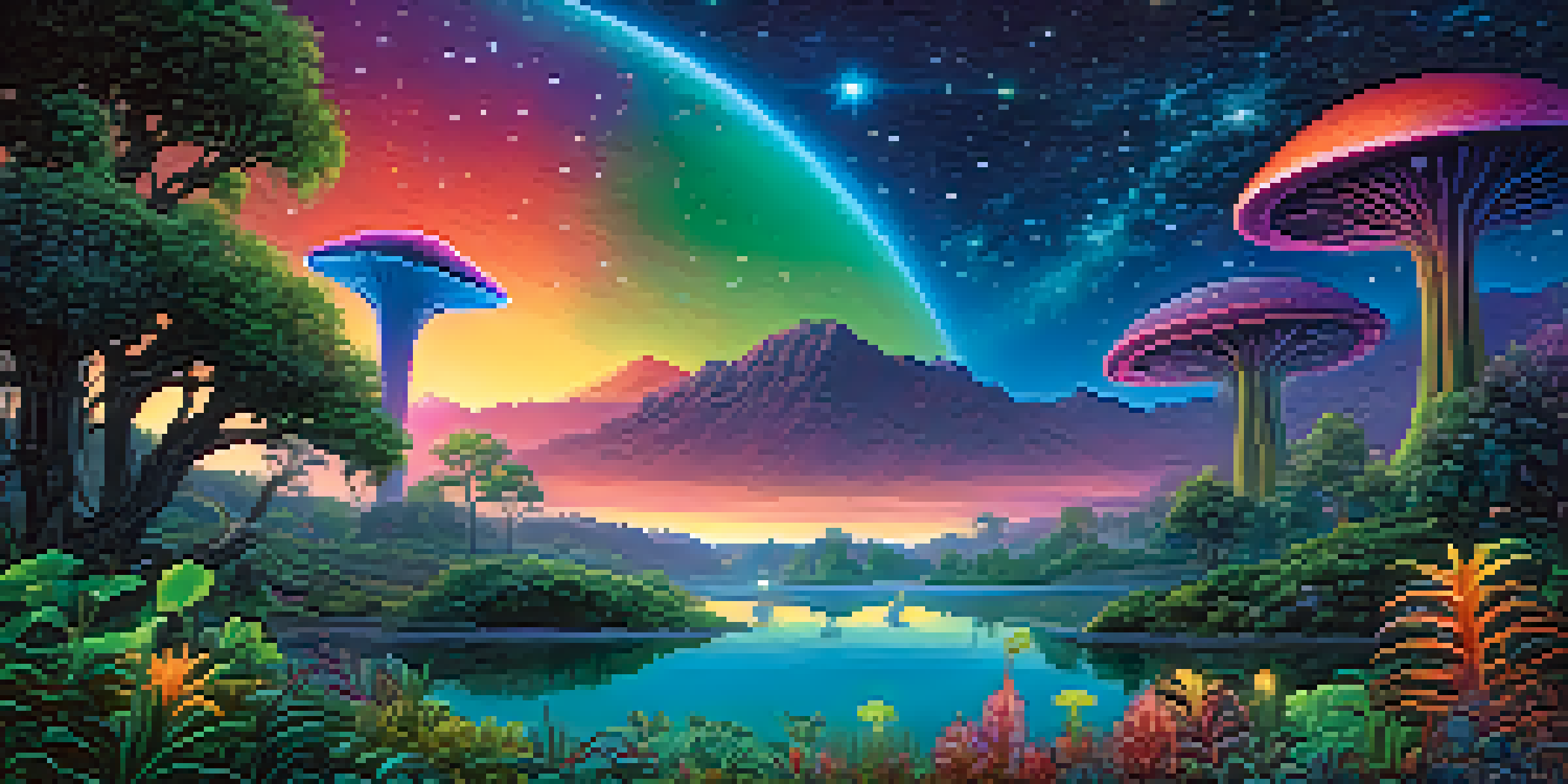 A vibrant alien landscape with bioluminescent plants and a serene lake reflecting the colors, under a starry sky.