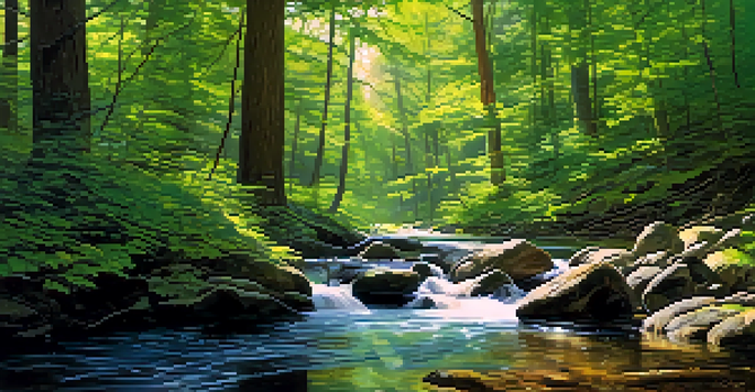 A peaceful forest with sunlight pouring through the trees, a clear stream running through it, and distant mountains in the background.