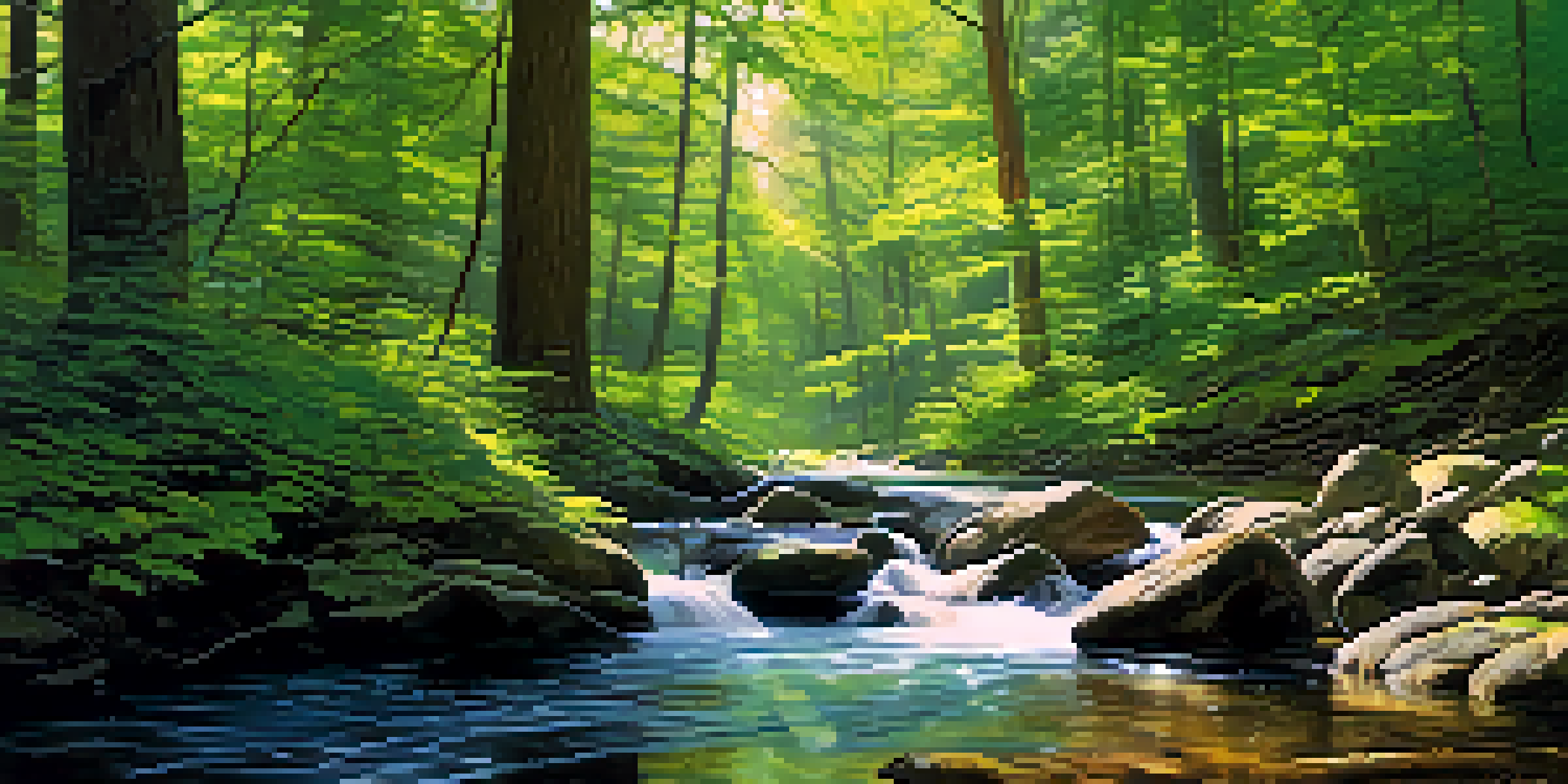 A peaceful forest with sunlight pouring through the trees, a clear stream running through it, and distant mountains in the background.