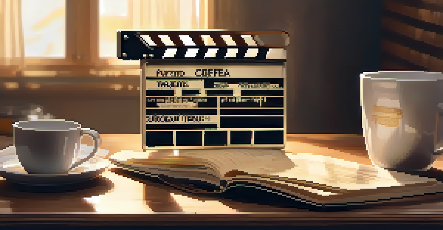 Close-up of a film reel and clapperboard on a wooden table, with scripts and coffee cups, illuminated by soft golden light.