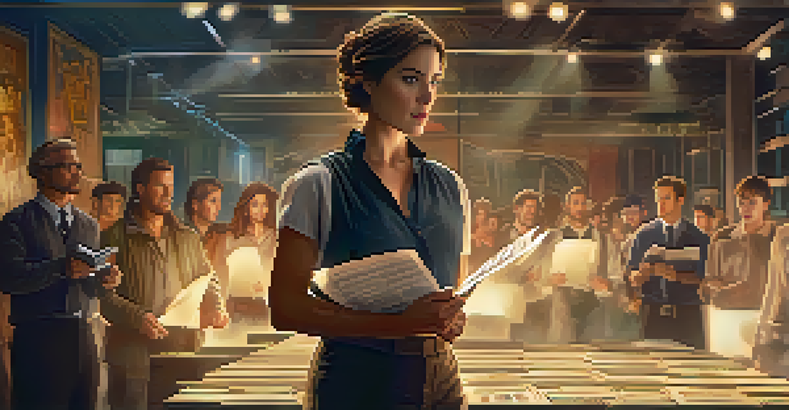 A confident female lead on a movie set, holding a script with crew members working around her, under dramatic lighting.