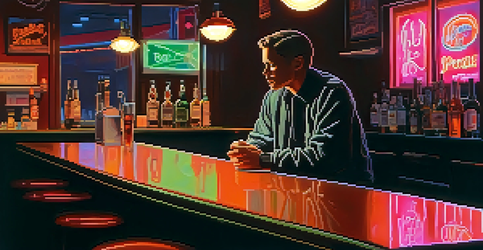 A dimly lit bar with a solitary figure at the counter, soft neon light reflecting on the bar surface, creating an atmosphere of solitude.