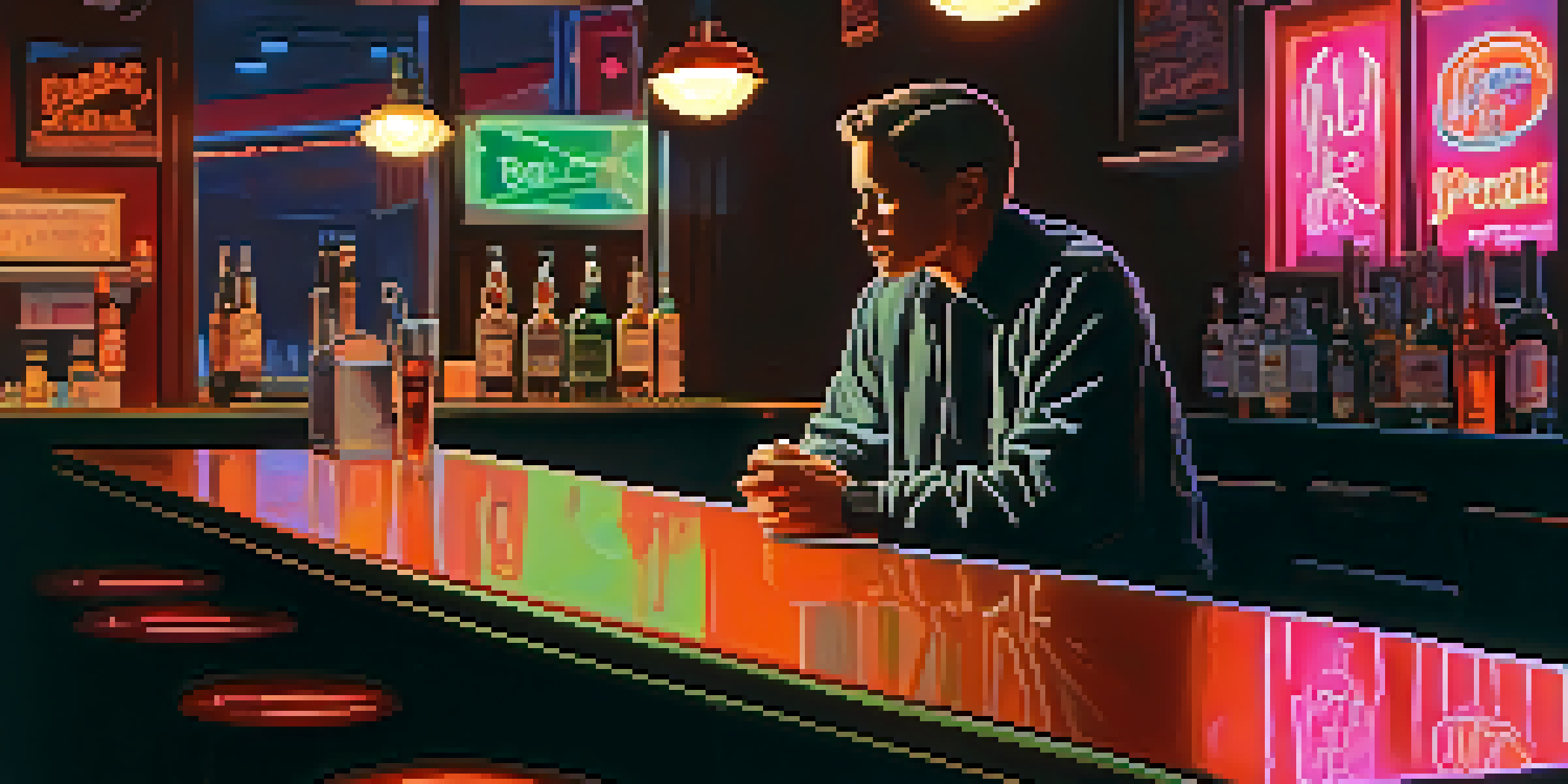 A dimly lit bar with a solitary figure at the counter, soft neon light reflecting on the bar surface, creating an atmosphere of solitude.