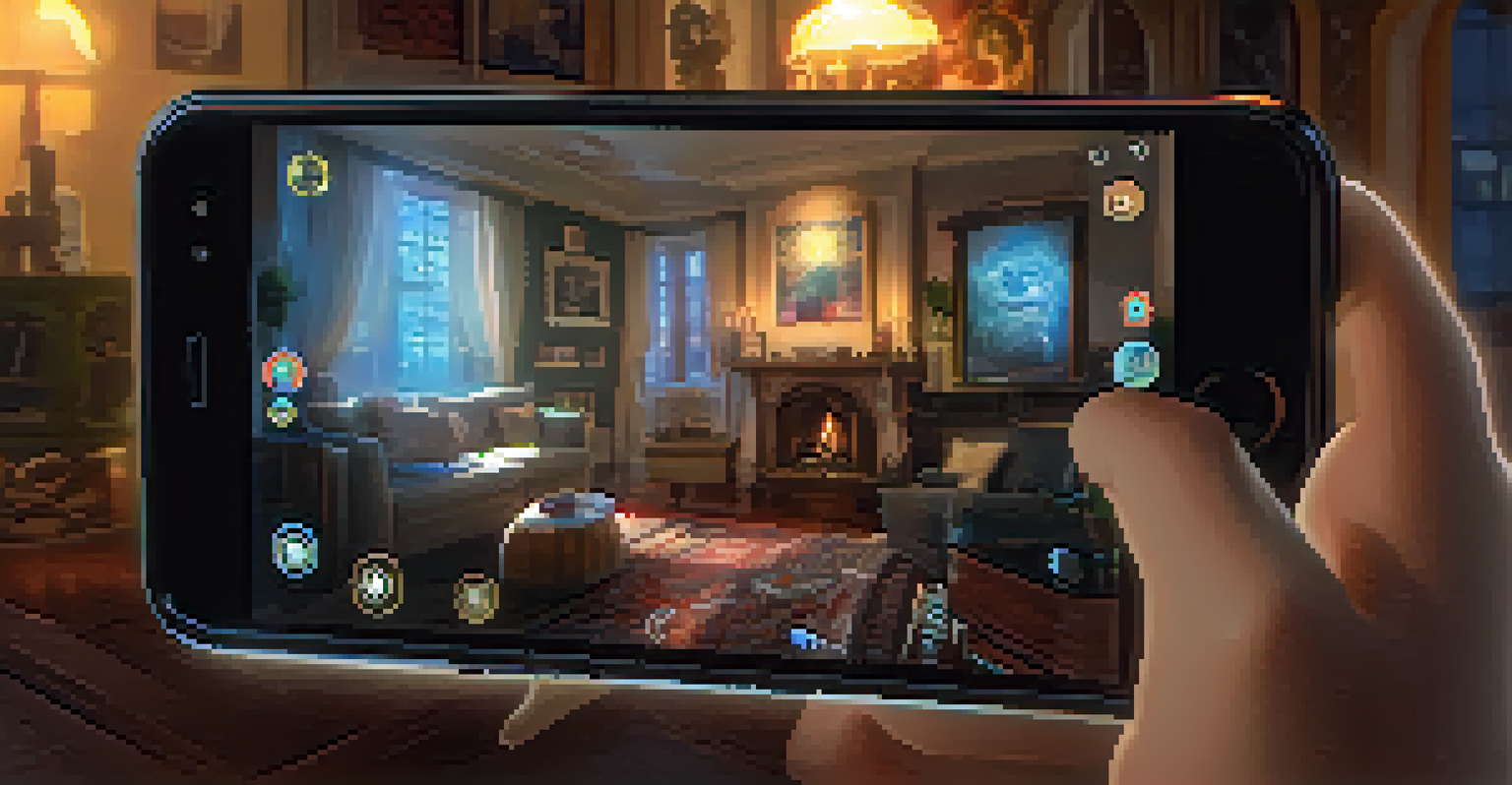 A smartphone showing an augmented reality character in a cozy living room.