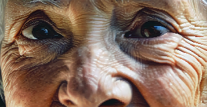 A close-up of an elderly woman's face highlighting her wrinkles and expressions, illuminated by soft lighting.