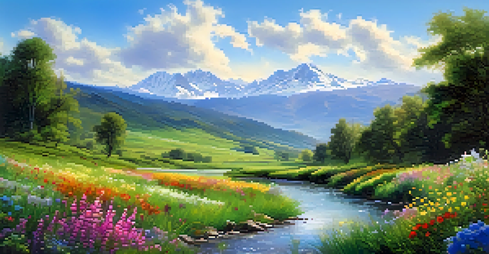 A peaceful green valley with colorful wildflowers, a stream, and distant mountains under a clear blue sky.