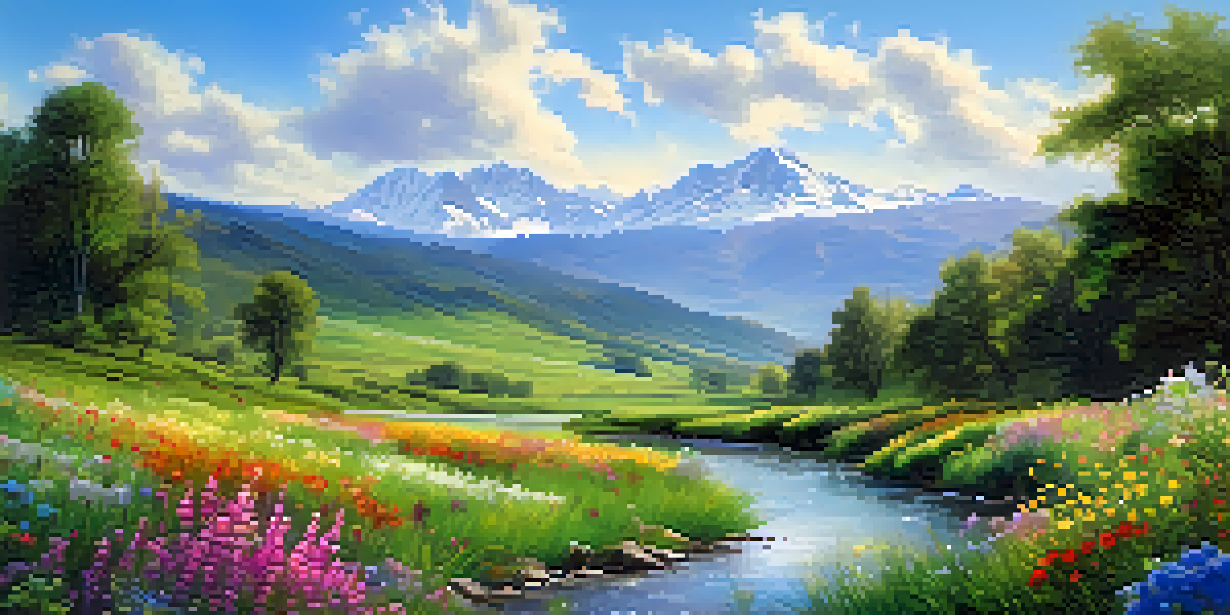 A peaceful green valley with colorful wildflowers, a stream, and distant mountains under a clear blue sky.
