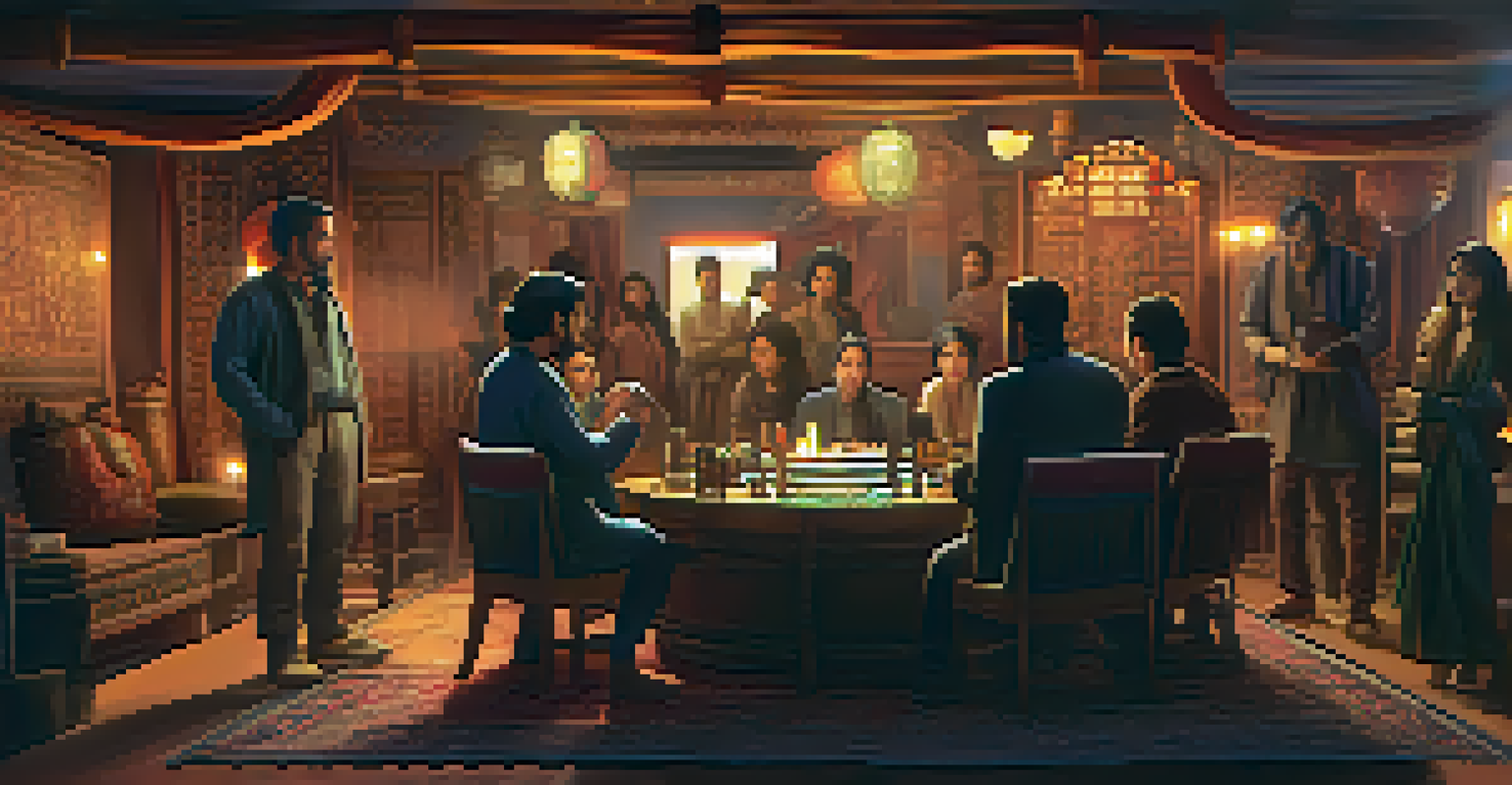 A collaborative film set with filmmakers from different cultures discussing a script, blending Eastern and Western design elements.
